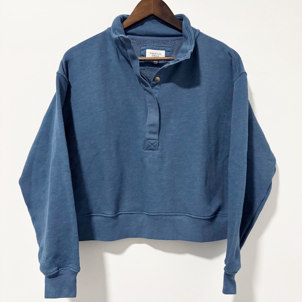American Eagle Outfitters Button-Up Cropped Sweatshirt‎ Womens Size Medium Blue